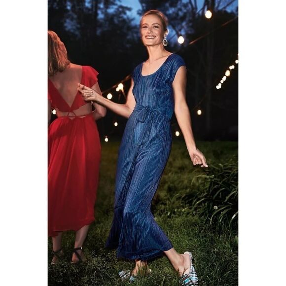 Anthropologie Maeve Sonata Jumpsuit Wide Leg Cropped Pleated Blue Size 4 NWT - Picture 4 of 16